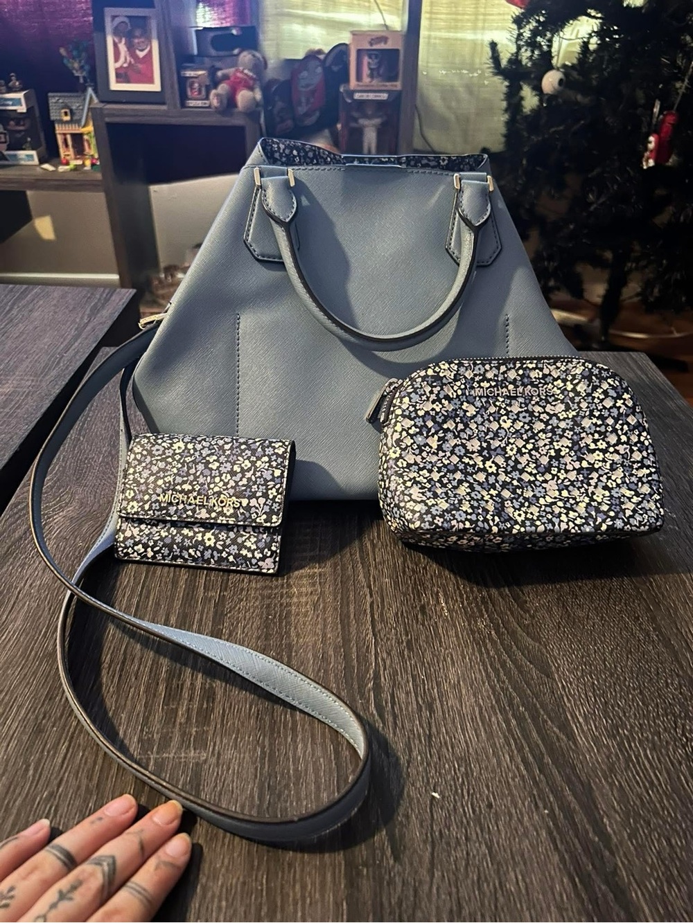 Michael Kors Light Blue Leather Tote with Navy Floral Pouch & Card Case